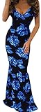 FISACE Women's Floral Off Shoulder Bodycon Maxi Dress for Evening (Small, Blue floral)
