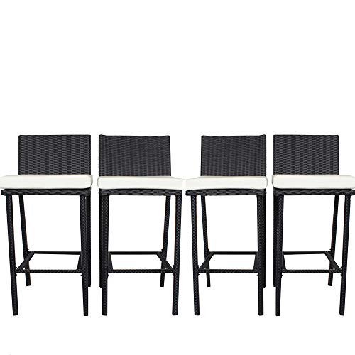JETIME Patio Bar Stool 4Pcs Rattan Furniture Outdoor Wicker Bar Set Black Bar Stool-A with Beige ...