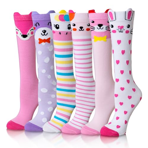 Girls Knee High Socks Kids Crazy Fun Gift Silly Tall Boot Cute Animal Cotton Long Socks 6 Pairs