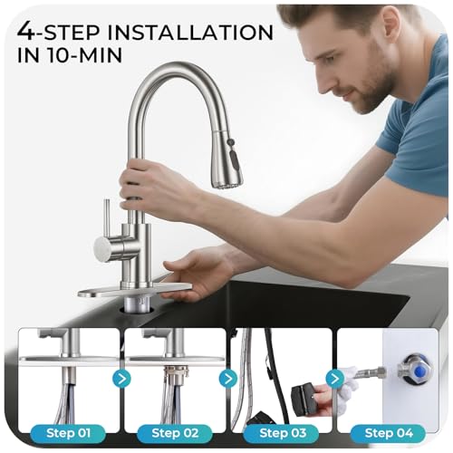 LUFG Brushed Nickel Kitchen Faucet with Pull Down Sprayer and Deck Plate | SUS 304 Stainless Steel, Single Handle, 3 Spray Modes, 360° Swivel Spout, RV Laundry Bar Sink, Deck Plate, NSF372 NSF61 cUPC