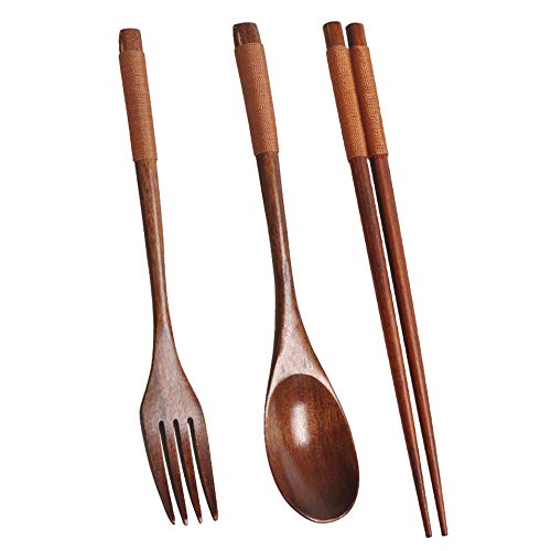 Fhjsyeirly Wooden Flatware Set, Wooden Portable Set Spoon Fork Chopsticks Tableware Dinnerware with Khaki Twining Thread