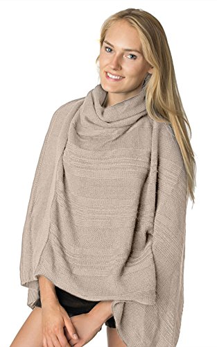 LL - Beige Cowl Neck Short Open Knit Asymmetric Pullover Poncho Sweater Top Turtleneck with Fringe