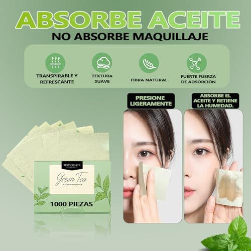 1000 piezas de papel de arroz facial. papel absorbente de grasa facial. papelitos absorbentes de brillo facial. Elimina el brillo del aceite, el papel es suave, adecuado para aceite facial (Té verde)