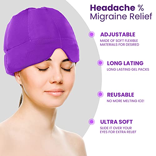 Gel Ice Headache & Migraine Relief Hat - Wearable Flexible Headband Ice Pack for Migraine & Headache Relief, Long-Lasting Cooling, No Confusion, Ice Therapy, Tension Relief (Purple)