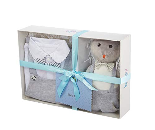Baby Brielle 2-Piece Grey Stuffed Cat Plush Toy and Matching Tuxedo with Overalls and Bow Onesie Romper for Infant and Toddler Gift Set for Boys (6M)