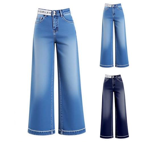 Pull on Jeans for Women UK, Womens Jeans Trendy High Waisted Baggy Straight Leg Denim Pants with Slant Pockets Casual Loose fit Trousers M