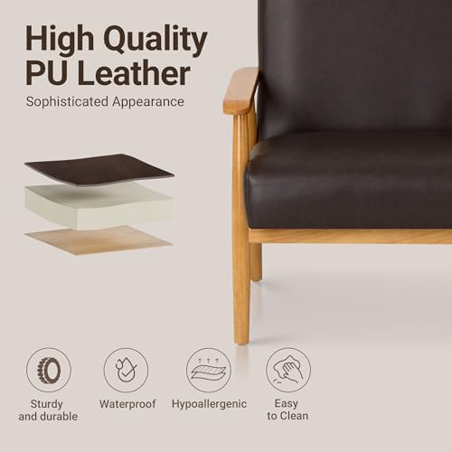 COLAMY PU LEATHER ACCENT CHAIR SET OF 2 FOR LIVING ROOM, MID CENTURY MODERN RELAXING ARMCHAIR WITH SOLID WOOD FRAME & SOFT CUSHION（BROWN