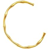 MIREE 18K Gold Plated Bamboo Bangle Bracelet-Chunky Texutured Statement Bracelet for Women