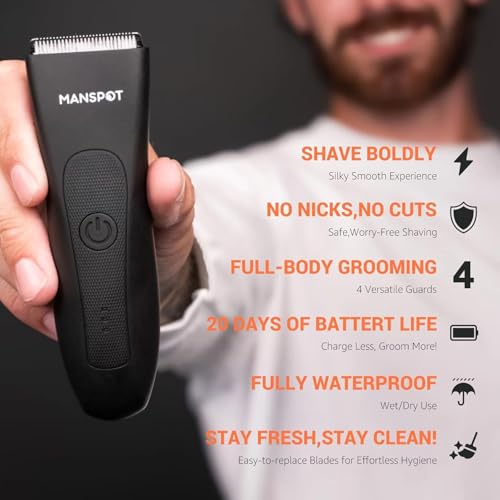 MANSPOT Trimmers for Men, Electric Body Hair Shaver for Men, Groin & Ball Trimmer with 4 Guards, Replaceable Ceramic Blade Heads, Wet & Dry Cordless Trimmer, 90-Minute Shaving Machine