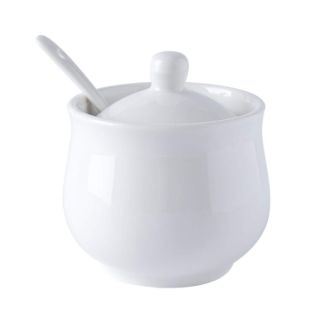 YOLIFE Ceramic Sugar Bowl, White Porcelain Sugar Pot with Lid and Spoon, Conditment for Kitchen Seasoning 8 oz/ 230 ml