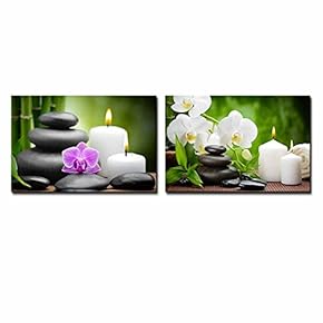 Canvas Prints Wall Art - Zen Basalt Stones and Orchid on The Wood | Modern Wall Decor/Home Decoration Stretched Gallery Canvas Wrap Giclee Print & Ready to Hang - 16"x24" x 2 Panels