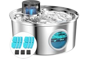 FOFNON Battery Operated Stainless Steel Cat Water Fountain - 108oz/3.2L Wireless Fountain with 9 Filters