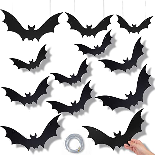 HiPatio Halloween Plastic Bats, 12PCS Black Hanging Bats Lifelike Spooky Bats for Prank Jokes Halloween Party Wall Window Decorations