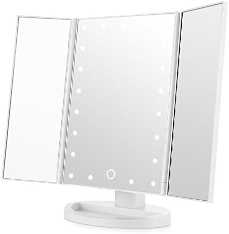 Led Lighted Vanity Mirror Make Up Tri-Fold with 21Pcs Lights 180 Degree Free Rotation Table Countertop Cosmetic Bathroom Mirror(White)