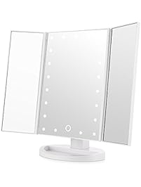 Easehold Led Lighted Vanity Mirror Make Up Tri-Fold with 21Pcs Lights 180 Degree Free Rotation Table Countertop Cosmetic Bathroom Mirror(White)