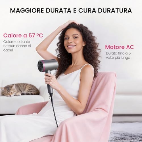 Asciugacapelli agli ioni di litio, 1500 W, motore AC, ad asciugatura rapida, asciugacapelli professionale con 2 velocità e 3 impostazioni di calore, pulsante aria fredda, regali per le donne