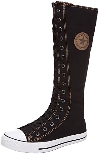 Yirenhuang Girl's Women's Knee High Canvas Boots Lace-up Zip Flat Sports Shoes