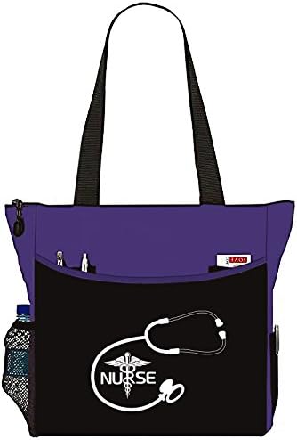 Nurse Stethoscope Thermometer Caduceus Tote Bag Office School Travel Business Personal Organizer - Purple Black