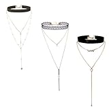 VK Accessories 3 Sets Multilayered Lace Chokers Necklace Gold Bar and Love Crystal Pedant Velvet Chokers