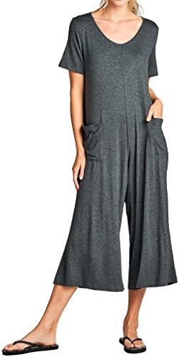 Loving People Solid Scoop Neck Loose Fit Back Keyhole Capri Jumpsuit, Large, Charcoal