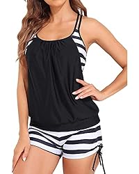 Holipick Women Black and White Stripes Tankini