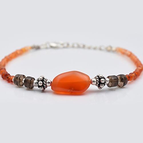 Orange Carnelian Bracelet for Women Smoky Quartz Beads Sterling Silver Gemstone Jewelry Crystal Healing