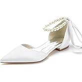 JOEupin Women Pointed Toe Pearl Wedding Flats Satin Flat Bridal Shoes for Bride Prom Evening Bridal Party Dress Flats