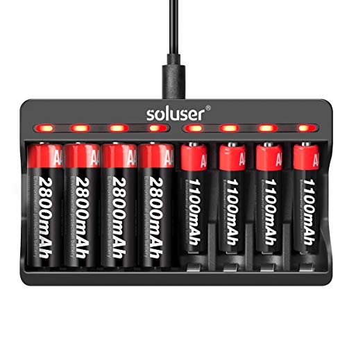 AA AAA Batteries Charger 8 Bay Battery Charger with 2800mAh Rechargeable AA Batteries (4Pcs) and 1100mAh Ni-Mh Rechargeable AAA Batteries (4Pcs)