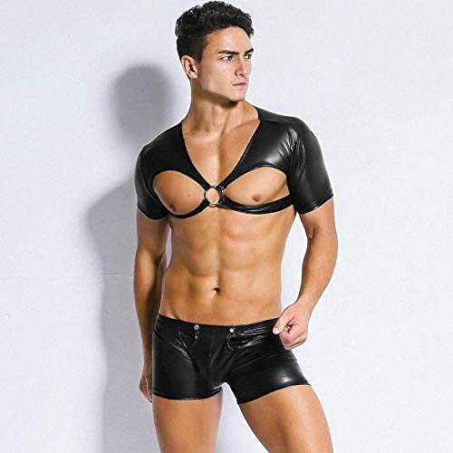 Culotte-E-Parigamba-Magliette-Da-Uomo-In-Ecopelle-Sexy-Lattice-Maschio-Dj-Club-Wear-Nero-Wet-Look-T-Shirt-Attillate-Gay-Pvc-Divertente-Corsetto-Dancewear-Lingerie-BlackM