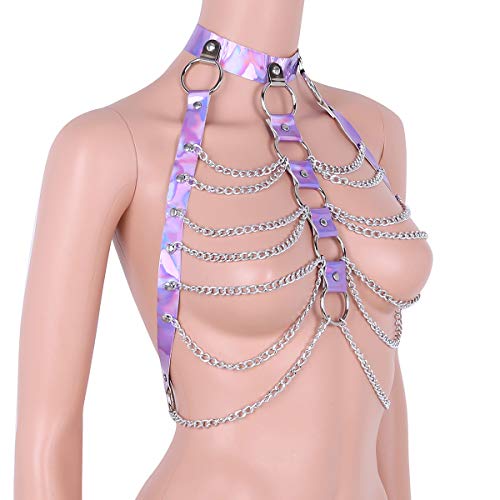 Women Festival Punk Waist Belt Body Chain Faux Leather Harness EDM Rave Clothes Choker Chain Holographic Caged Bra Belt