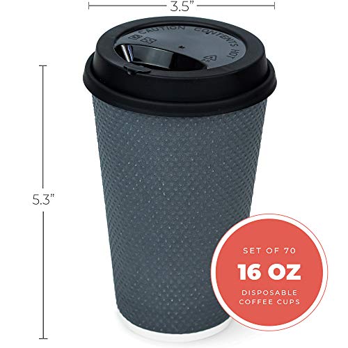 Glowcoast Disposable Coffee Cups With Lids - 16 oz To Go Coffee Cup With Lid (70 Set). Large Togo Travel Paper Hot Cups Insulated For Hot and Cold Beverage Drinks, No Sleeves Needed (Dusk Grey) - Thumbnail 2