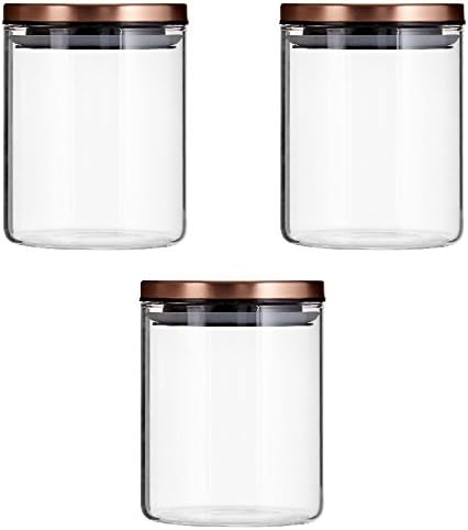 Set Of 3 Freska 700ml Storage Jar Round Clear Glass Rose Gold Metal Lid