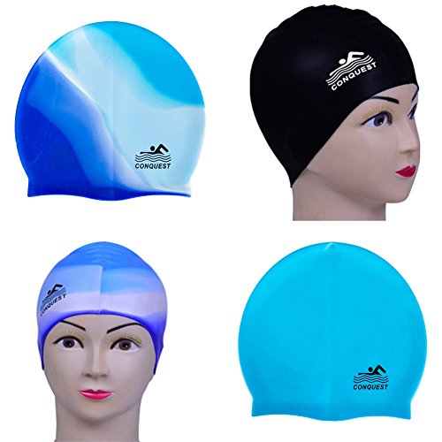 HEART SPEAKER Beach Pool Waterproof Silicone Swim Cap Adult Hair Protect Flexible Swimming Hat (Blue + White)