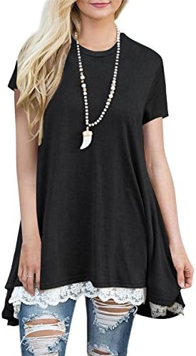 FERYSHE Womens Tunics Short Sleeve Lace Round Neck Swing Tunic Shirt Blouse XXL Black