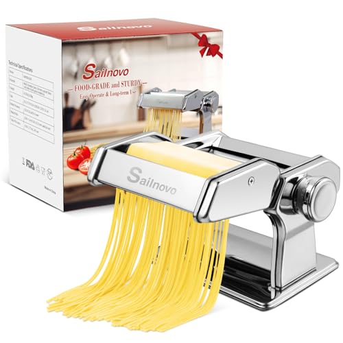 Sailnovo 3 in 1 Pasta Maker Machine - 9 Adjustable Thickness Settings Aluminum Alloy Pasta Roller & 2 Width Cutters for Fresh Spaghetti, Fettuccini, Lasagna, Dumplings - Stainless Steel, Silver