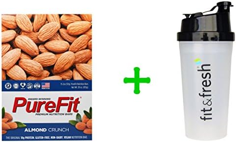 Pure Fit Bars, Premium Nutrition Bars, Almond Crunch, 15 Bars, 2 oz (57 g) Each, Power Shaker Bottle, 20 oz Bottle