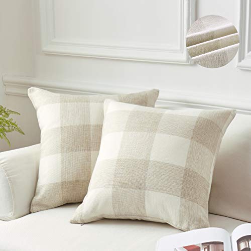 Decorative Classic Retro Checkered Faux Linen Throw Pillow Covers (Set of 2) - Pillow Cover Sham Cushion Cover - Throw Pillow Cover - Sofa Throw Pillow Cover - Square Pillowcase - Cream - 18" x 18"