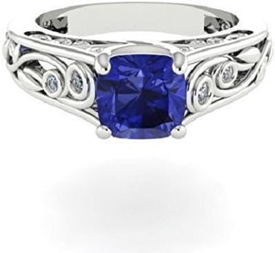 14k White Solid Gold Wedding Diamond Ring, Leaves and Vine Ring, Engagement Ring, Natural Genuine Tanzanite Cushion Shape, Diamonds and 14k White Gold Ring.