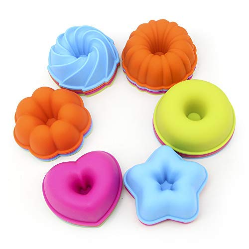LetGoShop Silicone Molds for Muffin, Reusable Cupcake Liners Donut Pans,Non-stick Baking Cups 6 Shapes,Heart, Stars, Flower, Round, Pumpkin, Spiral 24pcs colorful