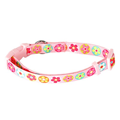 Everfriend Print Dog Collar Nylon Adjustable Collars for Dogs - Pink Flower, Neck 9.9"-14.9" Medium
