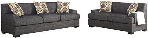 2Pcs Modern Ash Black Linen-Like Fabric Sofa Loveseat Set with Pillows