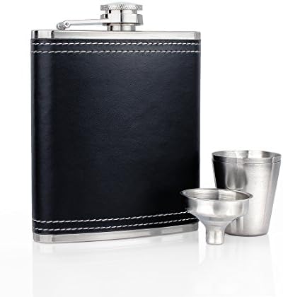 GENNISSY Black Hip Flask Set PU Leather and Stainless Steel With Funnel and 2 Cups 7OZ