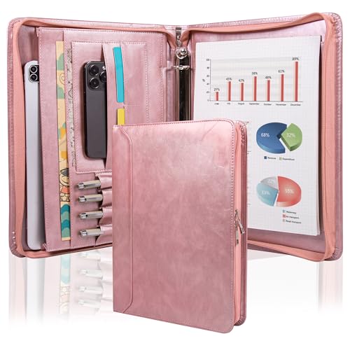 AZXCG Portefeuille à fermeture éclair pour femme, classeur à 3 anneaux de 2,5 cm, porte-documents professionnel en cuir synthétique, organiseur de portefeuille d'affaires avec bloc-notes A4, classeur