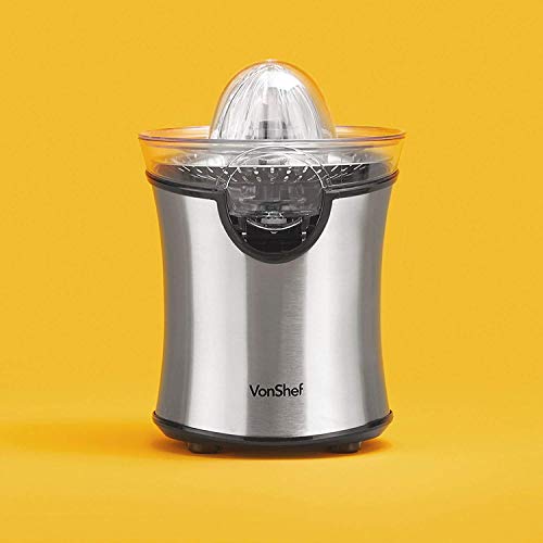 VonShef 220 240 Volt Citrus Fruit Juicer Machine 100W for Orange, Lemon, Lime Juice - Electric with Interchangeable Cone Attachments - Bundle With Dynastar Plug Adapter | (Not For USA)