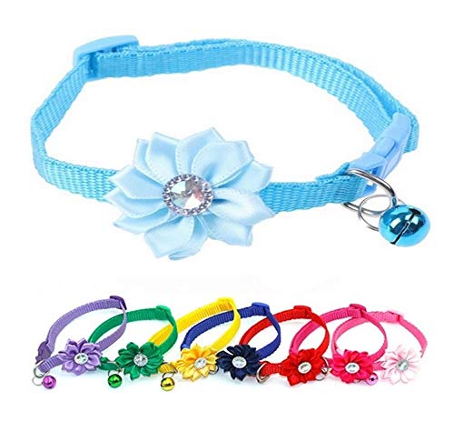 Small Dog Puppy Pet Collar Flower Floral Decoration with Bell Nylon Adjustable Size 19-32cm Sky Light Blue