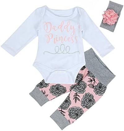 GSHOOTS Baby Girls' 3PCS Outfit Set "Daddy's Princess" Romper + Floral Pants + Headband (80 / 6-12 Months, Gray Rose)