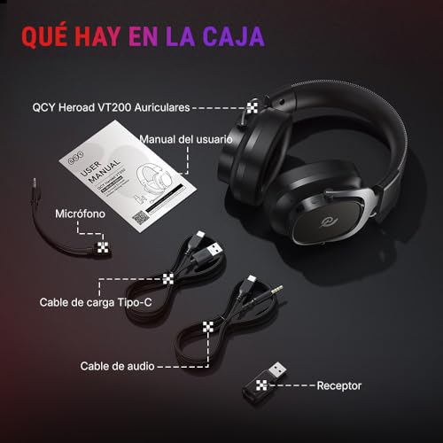 QCY Heroad VT200 Cascos Gaming Inalámbricos para PC/Ps5/Ps4/Switch/Mobile, 7.1 Sonido Envolvente, Auriculares Gaming con 2.4 GHz+Bluetooth 6.0, Duración 130H, Drivers 53mm, RGB -Plata Negro