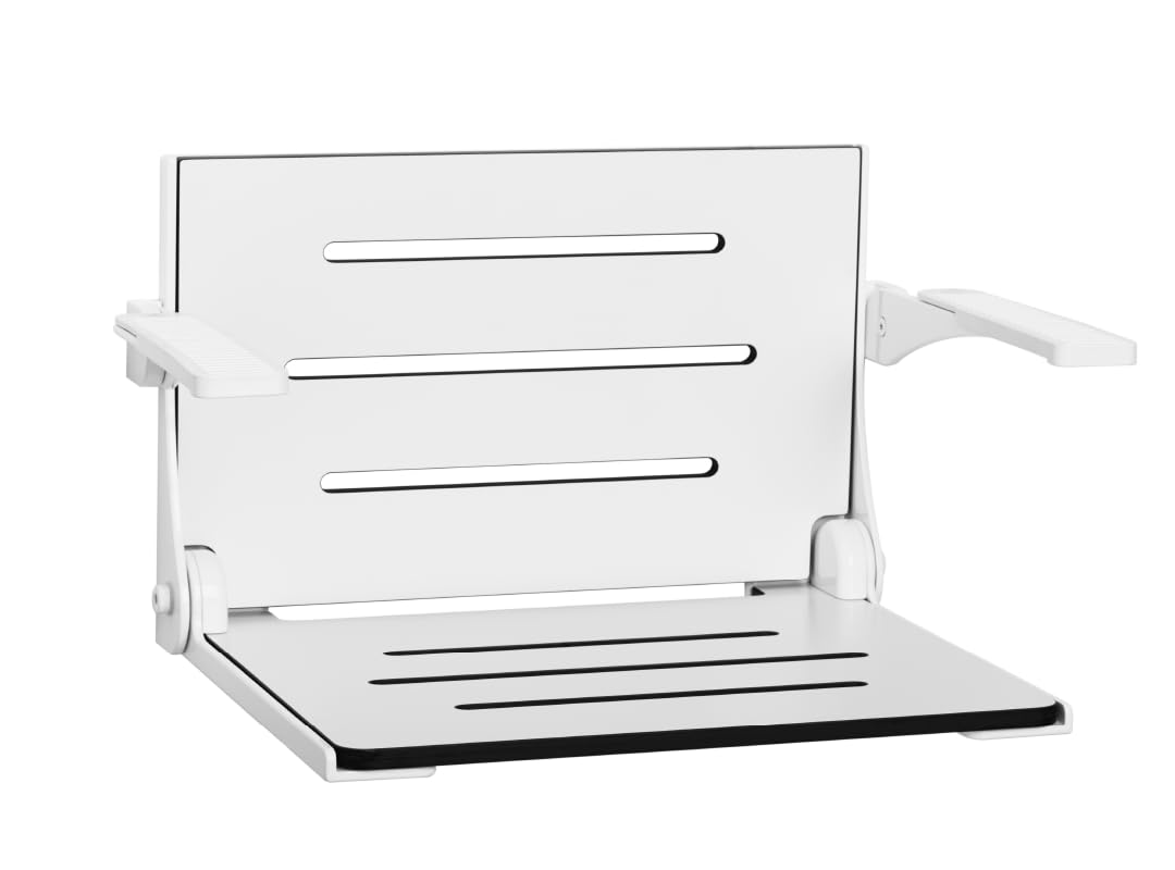 Photo 1 of Seachrome Silhouette Comfort Folding Wall Mount Shower Bench Seat with Arms, White Seat with White Frame