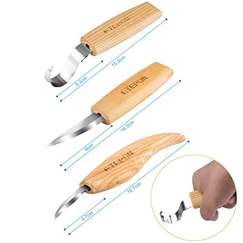 ETEPON Wood Carving Tools Set Knifes for Spoon Carving, Whittling Knife + Hook Knife + Detail Knife + Sharpening Leather Strop + Polishing Compound in a Portable Canvas Bag Roll ET014