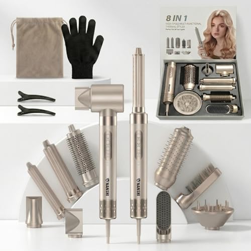 Cepillo Soplador de Pelo 8 en 1|Kit Secador de Pelo con Peine de Aire Caliente|Rizador de Pelo Desmontable Cepillo Alisador Pelo|Multifunción| Motor 110,000 RPM Coanda Iones Negativos y Difusor